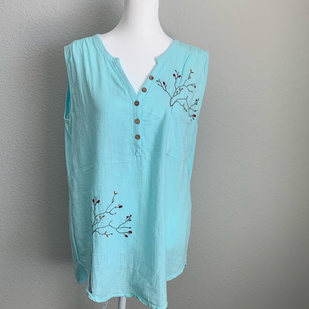 CCK Style Soft Turquoise Embroidered Sleeveless Blouse